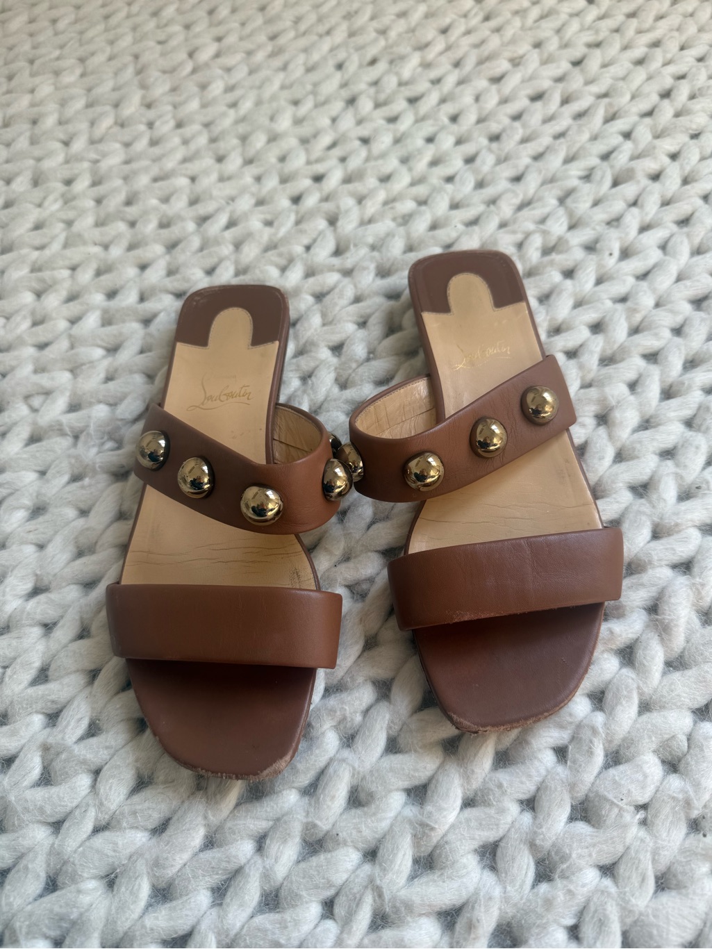 Christian Louboutin Brown Billie Flat Slide Calfskin Sandals With Gold Studs